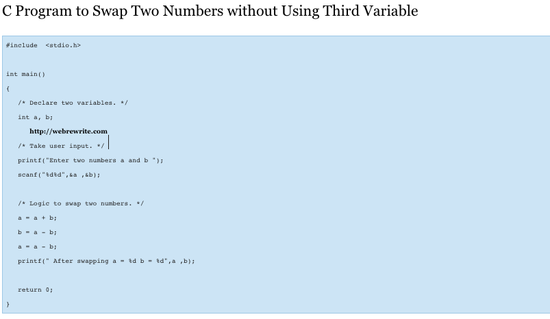 C Program To Swap Two Numbers Without Using Third Variable