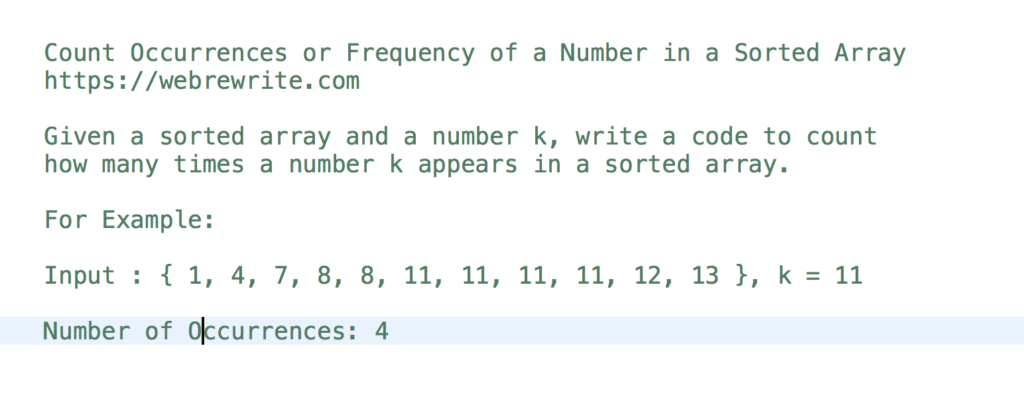 Count how many times a number k appears in a sorted array